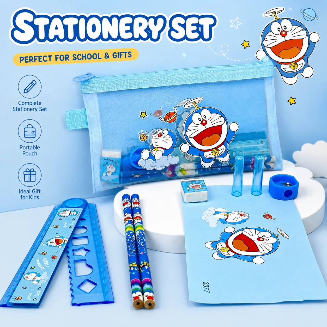 School Supplies - Cute Blue Cartoon Cat Kids Stationery